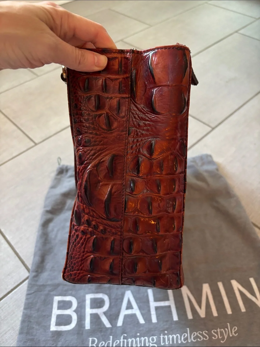 Brahmin Burnt Brown Croc-Embossed Leather Satchel